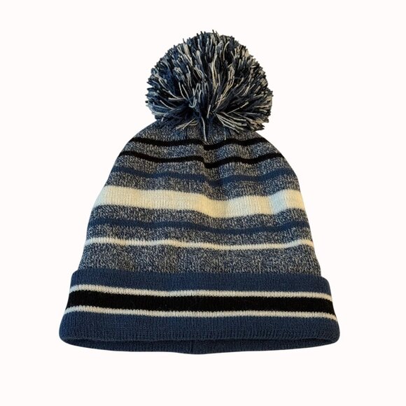 Capelli New York Kids Beanie Hat Big Pom Blue White Striped Size Child Winter - Picture 1 of 12